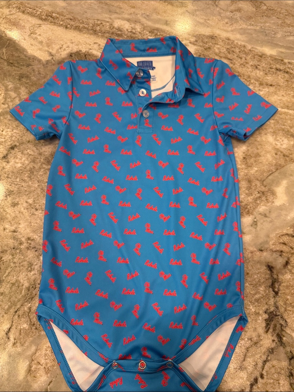 Powder Blue Ole Miss Rebels Polo-Style Baby Bodysuit with Red Print